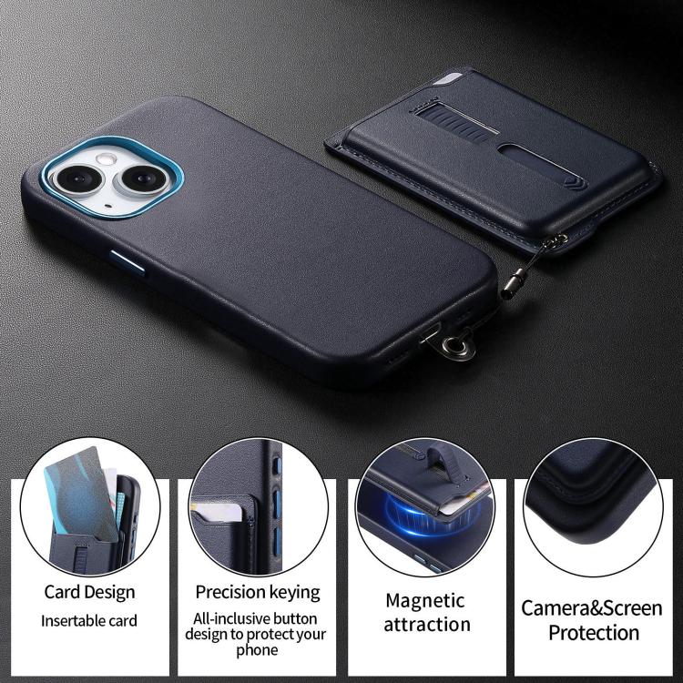 For iPhone 15 Plus Detachable Magnetic Card Bag Phone Case with Finger Ring Grip & Anti-loss Rope