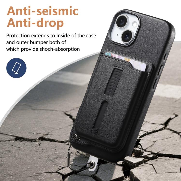 For iPhone 15 Plus Detachable Magnetic Card Bag Phone Case with Finger Ring Grip & Anti-loss Rope