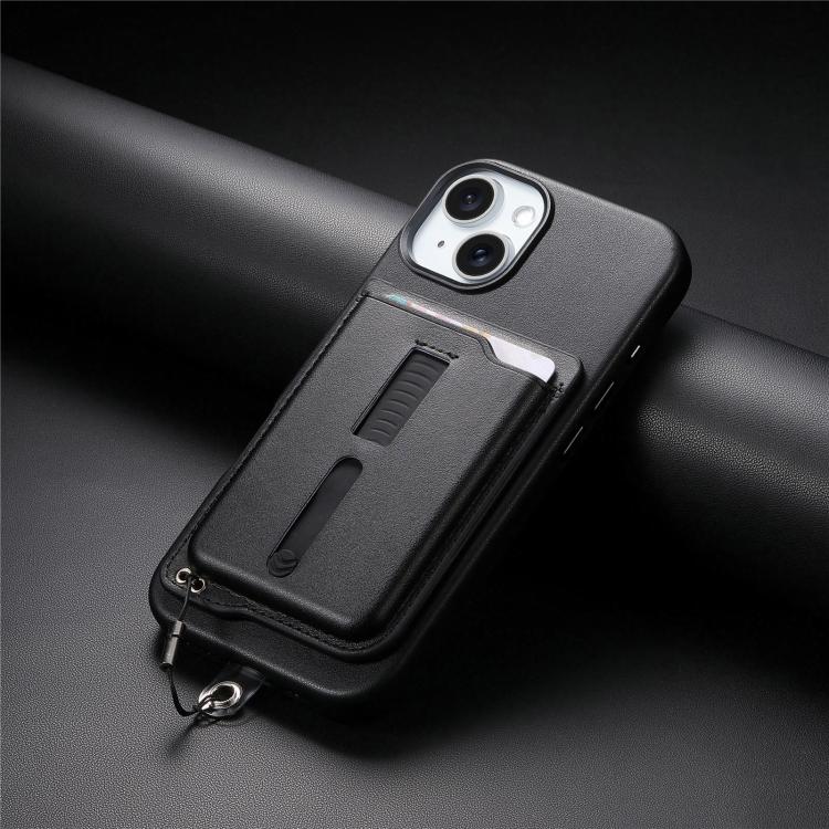 For iPhone 15 Plus Detachable Magnetic Card Bag Phone Case with Finger Ring Grip & Anti-loss Rope