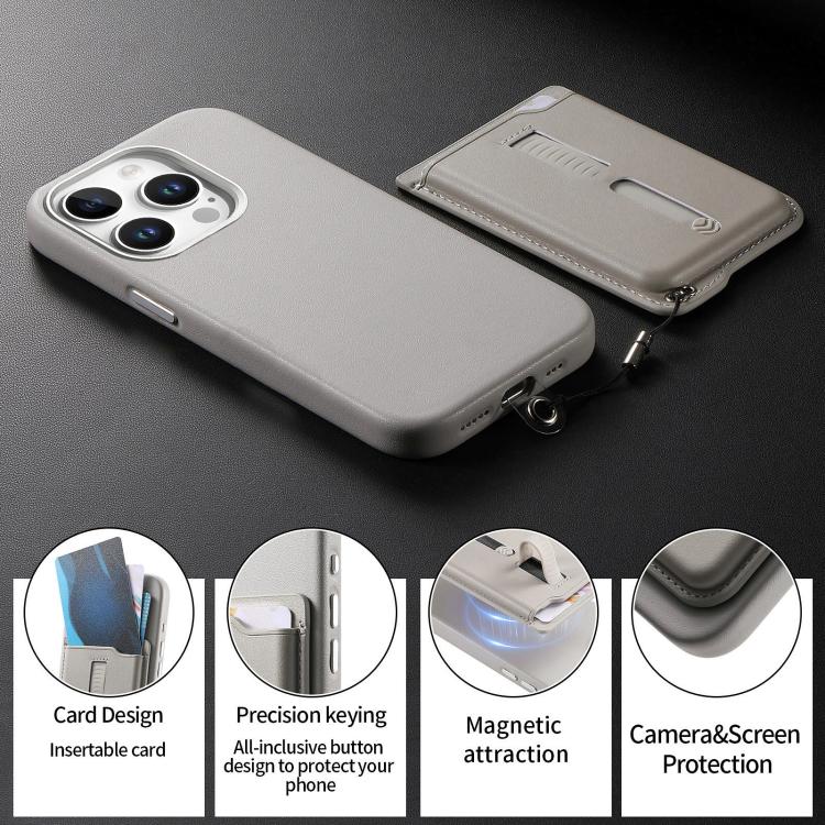 For iPhone 15 Pro Detachable Magnetic Card Bag Phone Case with Finger Ring Grip & Anti-loss Rope