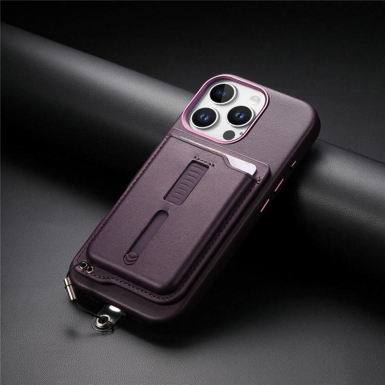 For iPhone 15 Pro Detachable Magnetic Card Bag Phone Case with Finger Ring Grip & Anti-loss Rope
