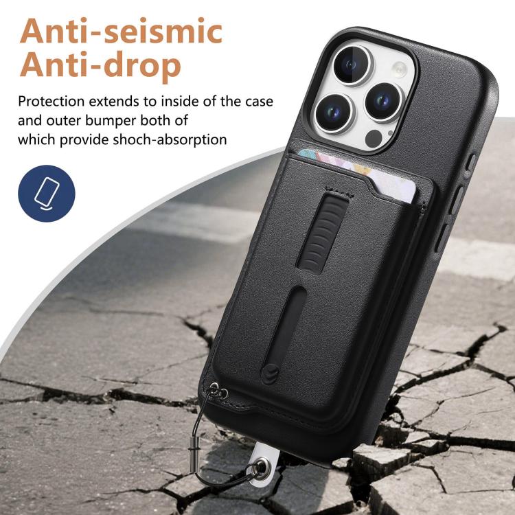 For iPhone 15 Pro Max Detachable Magnetic Card Bag Phone Case with Finger Ring Grip & Anti-loss Rope