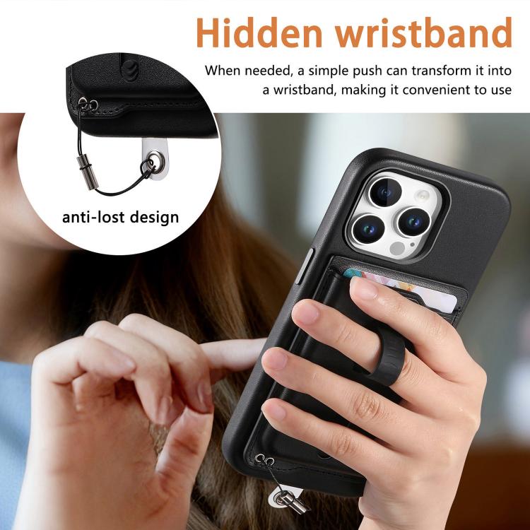 For iPhone 15 Pro Max Detachable Magnetic Card Bag Phone Case with Finger Ring Grip & Anti-loss Rope