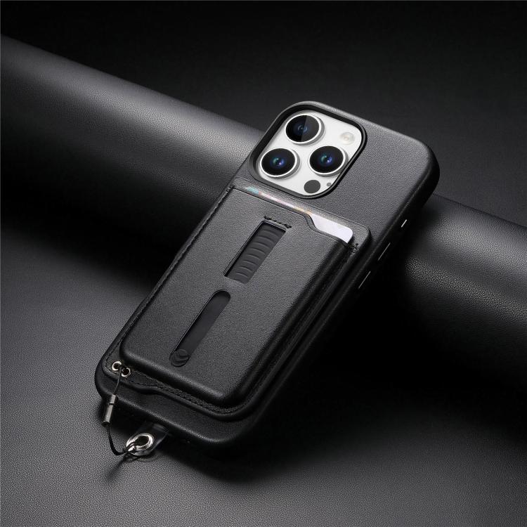 For iPhone 15 Pro Max Detachable Magnetic Card Bag Phone Case with Finger Ring Grip & Anti-loss Rope