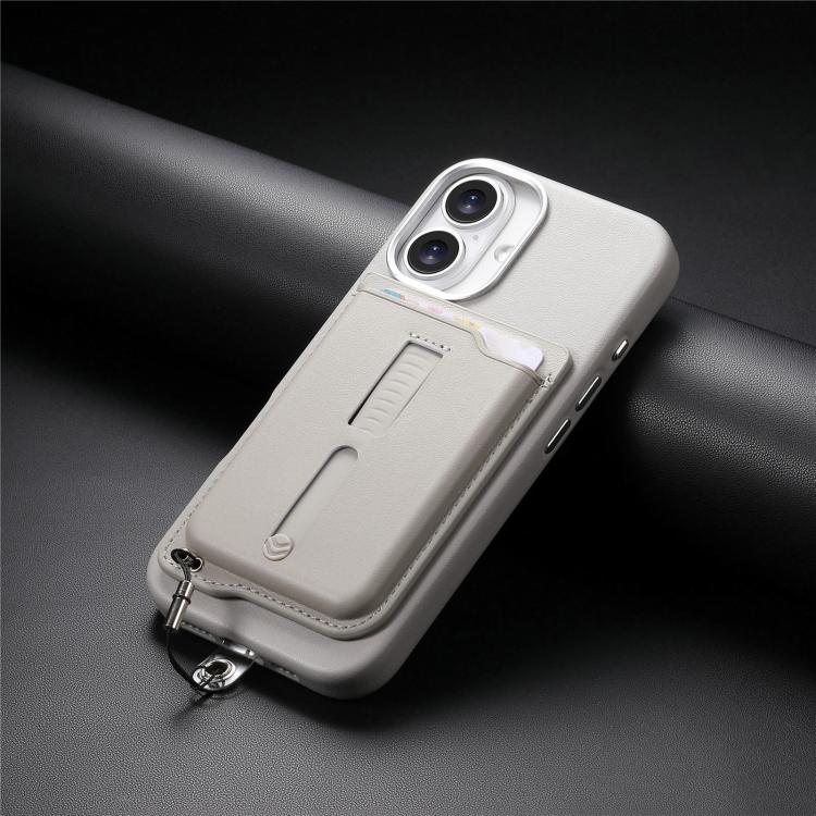 For iPhone 16 Detachable Magnetic Card Bag Phone Case with Finger Ring Grip & Anti-loss Rope