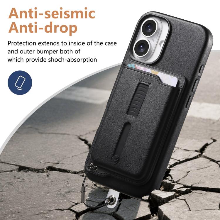 For iPhone 16 Detachable Magnetic Card Bag Phone Case with Finger Ring Grip & Anti-loss Rope