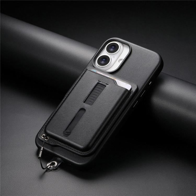 For iPhone 16 Detachable Magnetic Card Bag Phone Case with Finger Ring Grip & Anti-loss Rope