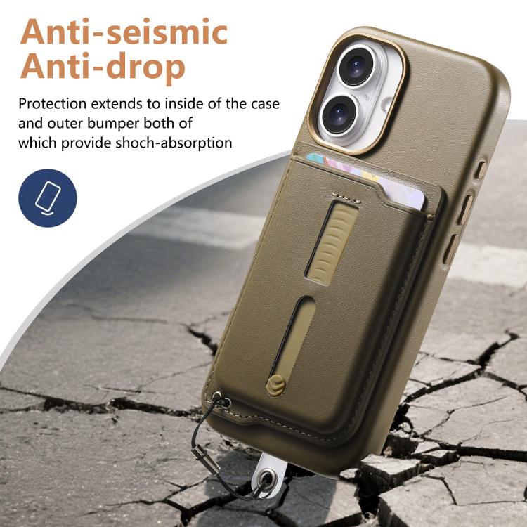 For iPhone 16 Detachable Magnetic Card Bag Phone Case with Finger Ring Grip & Anti-loss Rope
