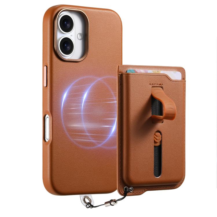 For iPhone 16 Plus Detachable Magnetic Card Bag Phone Case with Finger Ring Grip & Anti-loss Rope