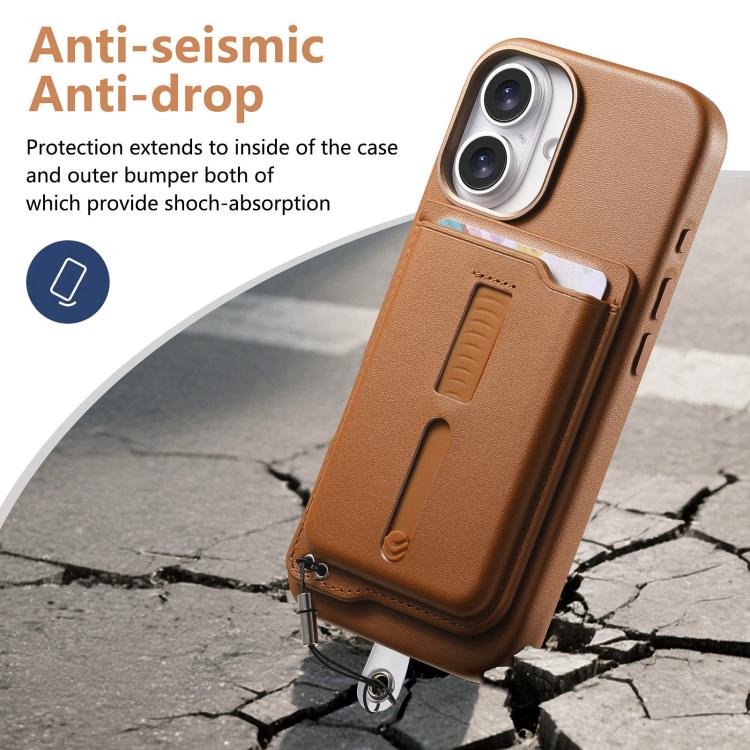 For iPhone 16 Plus Detachable Magnetic Card Bag Phone Case with Finger Ring Grip & Anti-loss Rope