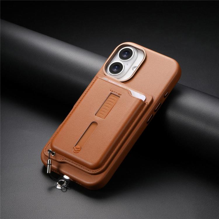 For iPhone 16 Plus Detachable Magnetic Card Bag Phone Case with Finger Ring Grip & Anti-loss Rope