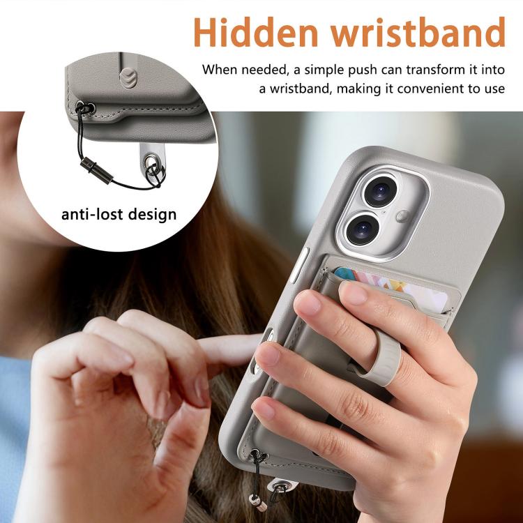 For iPhone 16 Plus Detachable Magnetic Card Bag Phone Case with Finger Ring Grip & Anti-loss Rope