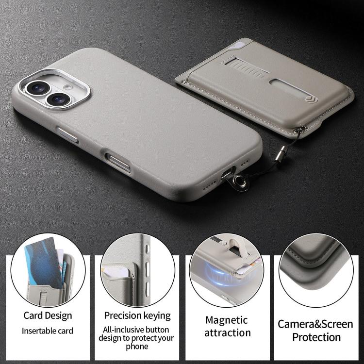 For iPhone 16 Plus Detachable Magnetic Card Bag Phone Case with Finger Ring Grip & Anti-loss Rope
