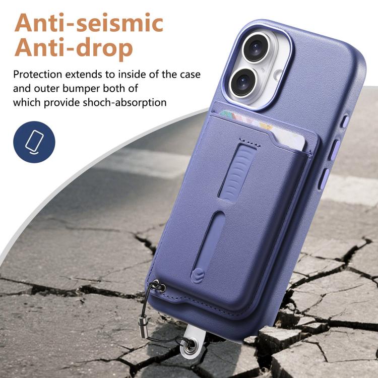 For iPhone 16 Plus Detachable Magnetic Card Bag Phone Case with Finger Ring Grip & Anti-loss Rope