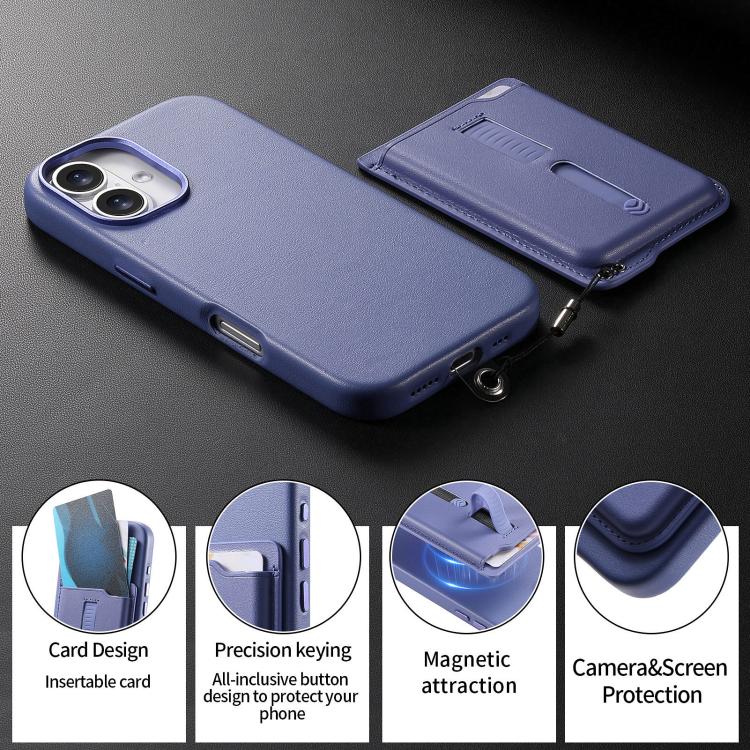 For iPhone 16 Plus Detachable Magnetic Card Bag Phone Case with Finger Ring Grip & Anti-loss Rope