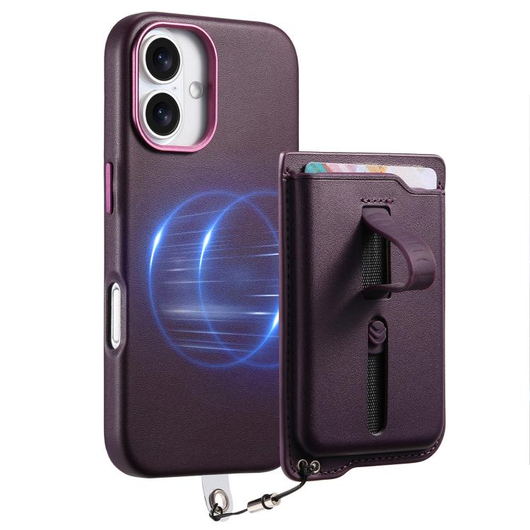 For iPhone 16 Plus Detachable Magnetic Card Bag Phone Case with Finger Ring Grip & Anti-loss Rope