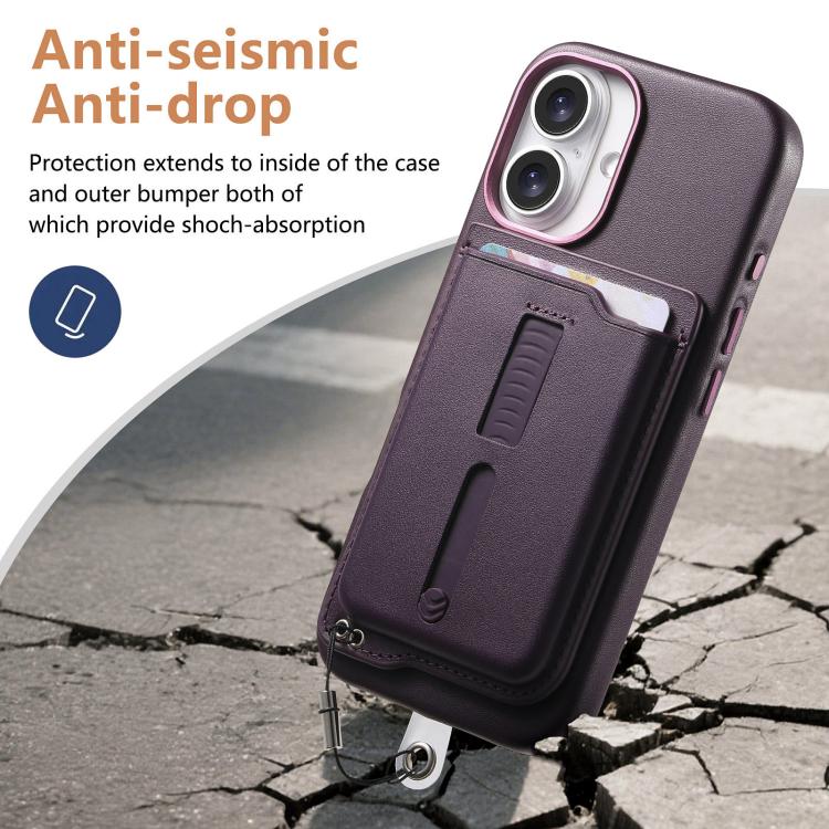 For iPhone 16 Plus Detachable Magnetic Card Bag Phone Case with Finger Ring Grip & Anti-loss Rope