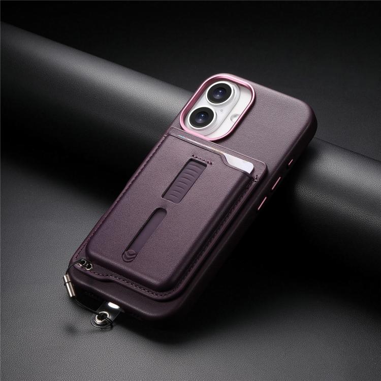 For iPhone 16 Plus Detachable Magnetic Card Bag Phone Case with Finger Ring Grip & Anti-loss Rope