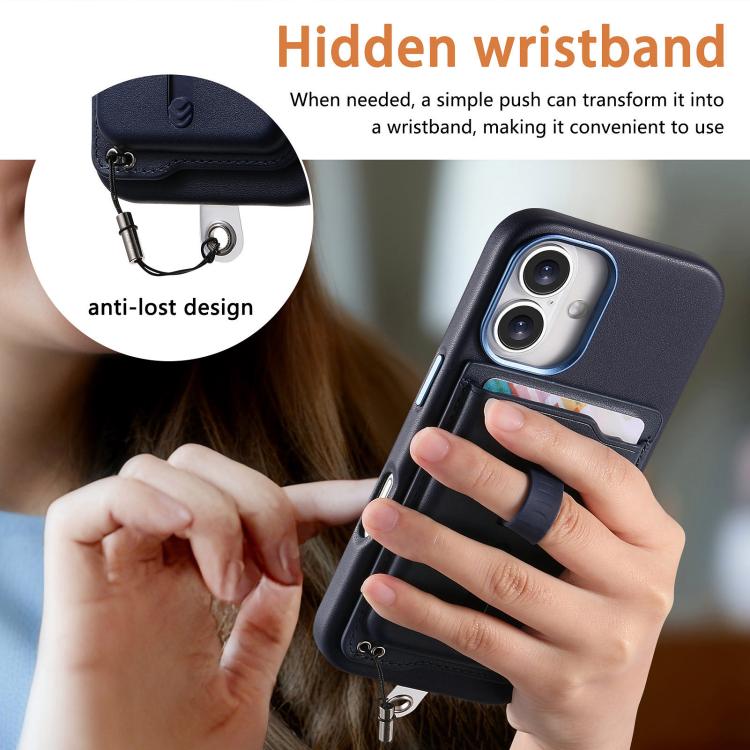 For iPhone 16 Plus Detachable Magnetic Card Bag Phone Case with Finger Ring Grip & Anti-loss Rope