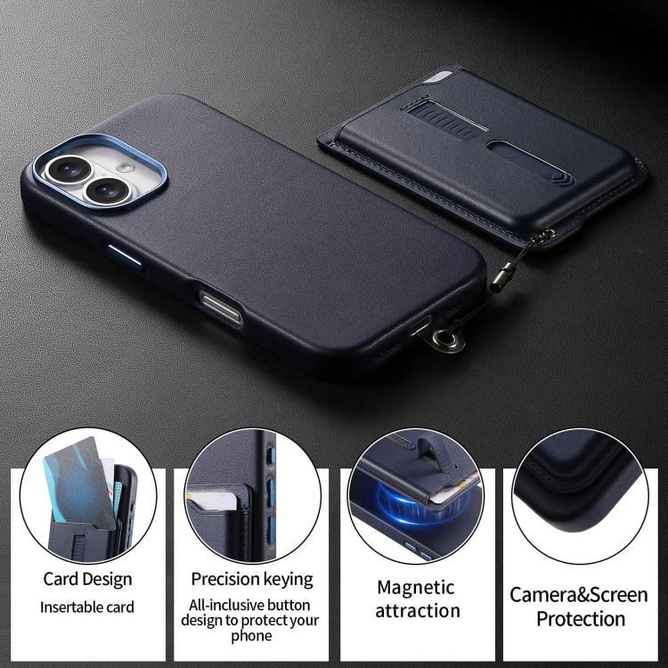 For iPhone 16 Plus Detachable Magnetic Card Bag Phone Case with Finger Ring Grip & Anti-loss Rope