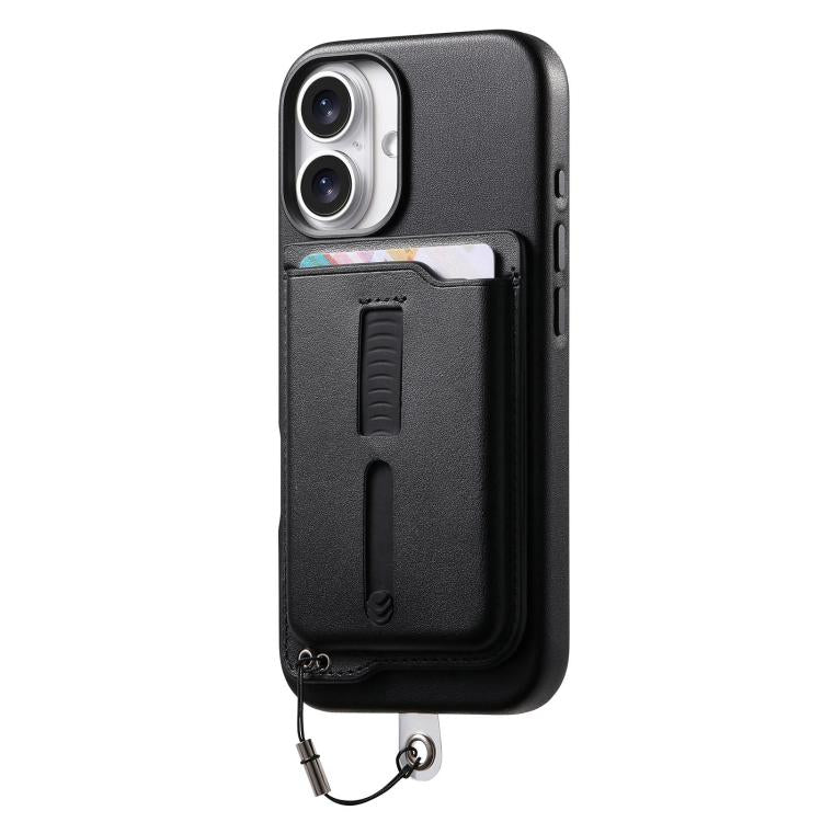 For iPhone 16 Plus Detachable Magnetic Card Bag Phone Case with Finger Ring Grip & Anti-loss Rope