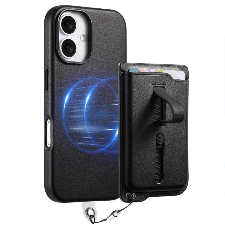 For iPhone 16 Plus Detachable Magnetic Card Bag Phone Case with Finger Ring Grip & Anti-loss Rope