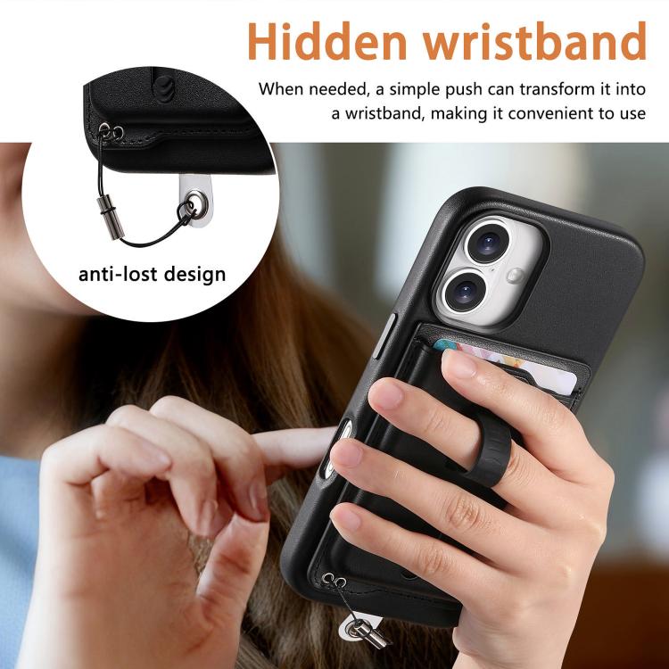 For iPhone 16 Plus Detachable Magnetic Card Bag Phone Case with Finger Ring Grip & Anti-loss Rope