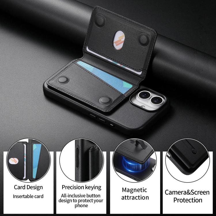 For iPhone 16 Plus Detachable Magnetic Card Bag Phone Case with Finger Ring Grip & Anti-loss Rope