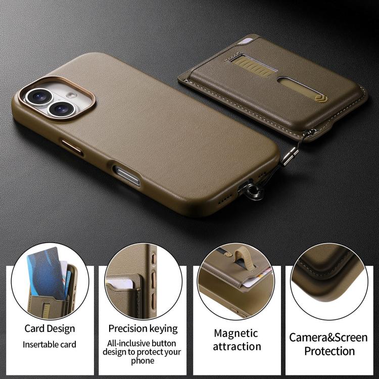 For iPhone 16 Plus Detachable Magnetic Card Bag Phone Case with Finger Ring Grip & Anti-loss Rope