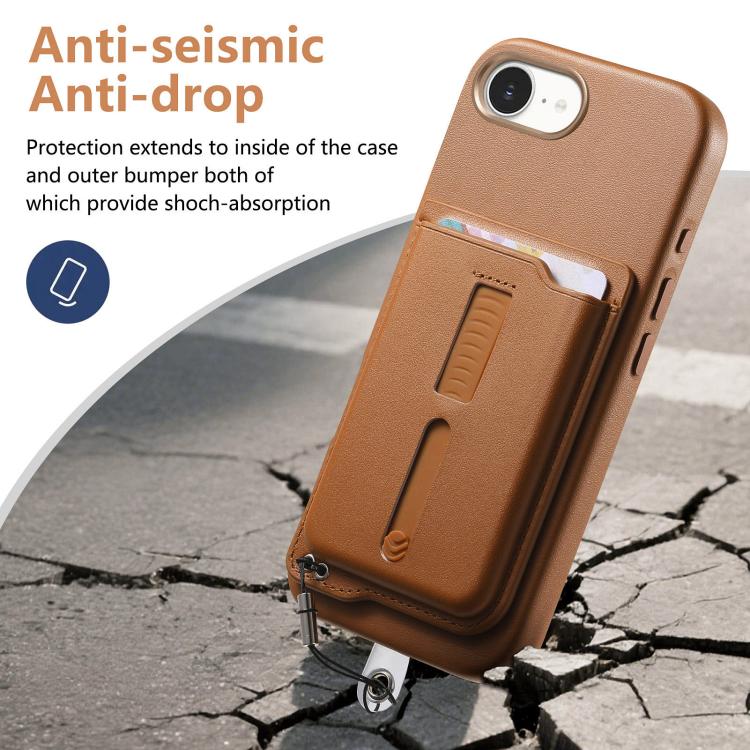 For iPhone 17e / 16e Detachable Magnetic Card Bag Phone Case with Finger Ring Grip & Anti-loss Rope