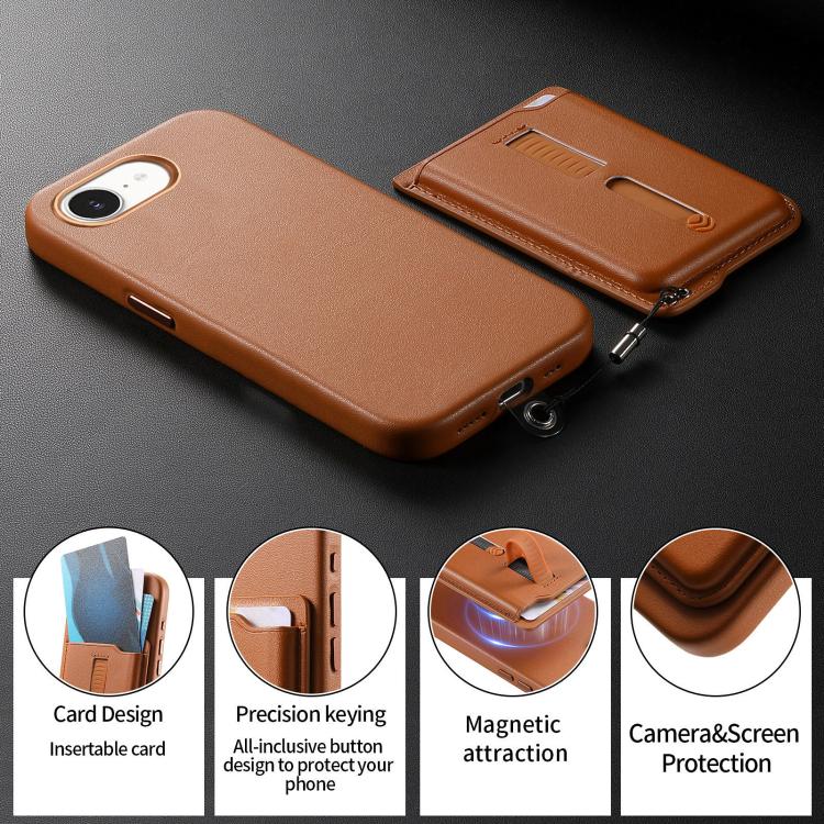 For iPhone 17e / 16e Detachable Magnetic Card Bag Phone Case with Finger Ring Grip & Anti-loss Rope