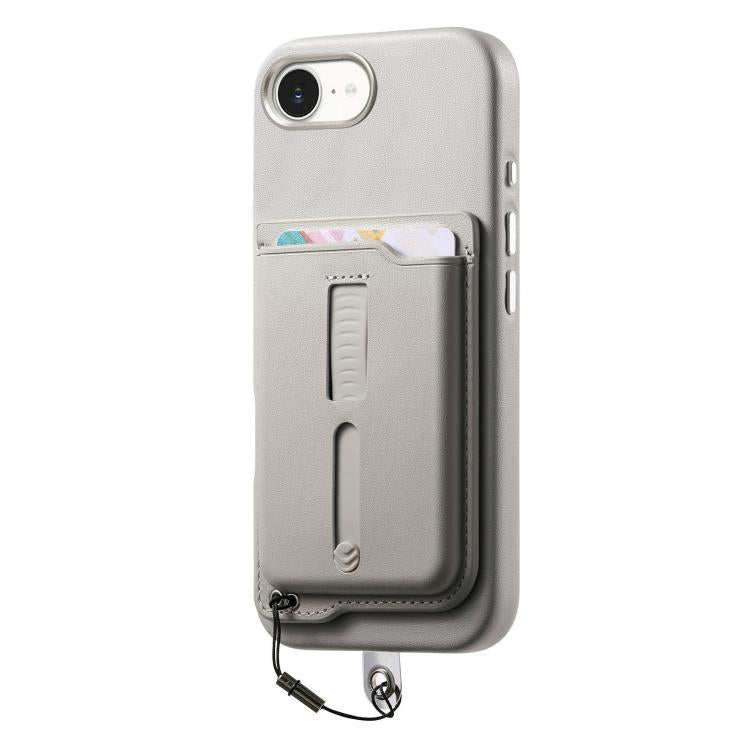 For iPhone 17e / 16e Detachable Magnetic Card Bag Phone Case with Finger Ring Grip & Anti-loss Rope