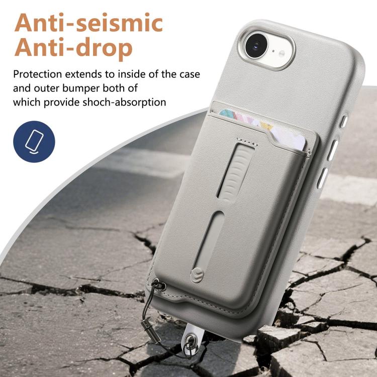 For iPhone 17e / 16e Detachable Magnetic Card Bag Phone Case with Finger Ring Grip & Anti-loss Rope