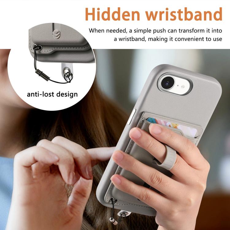 For iPhone 17e / 16e Detachable Magnetic Card Bag Phone Case with Finger Ring Grip & Anti-loss Rope