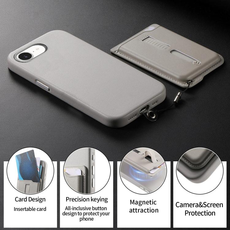 For iPhone 17e / 16e Detachable Magnetic Card Bag Phone Case with Finger Ring Grip & Anti-loss Rope