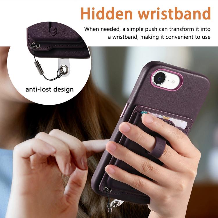 For iPhone 17e / 16e Detachable Magnetic Card Bag Phone Case with Finger Ring Grip & Anti-loss Rope