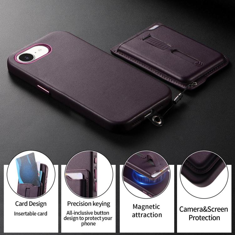 For iPhone 17e / 16e Detachable Magnetic Card Bag Phone Case with Finger Ring Grip & Anti-loss Rope