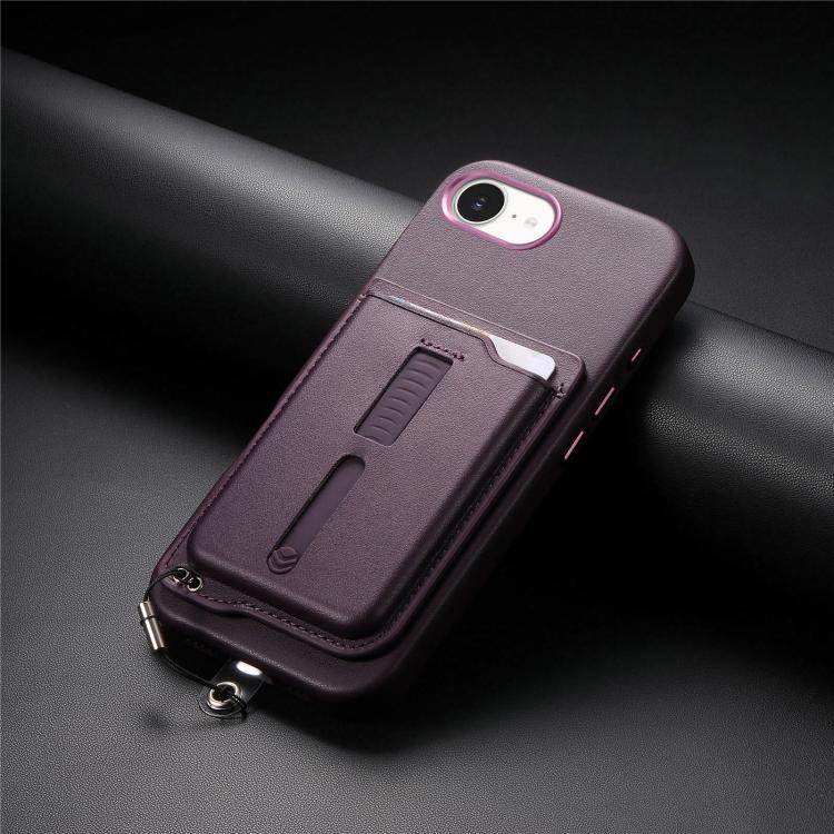 For iPhone 17e / 16e Detachable Magnetic Card Bag Phone Case with Finger Ring Grip & Anti-loss Rope