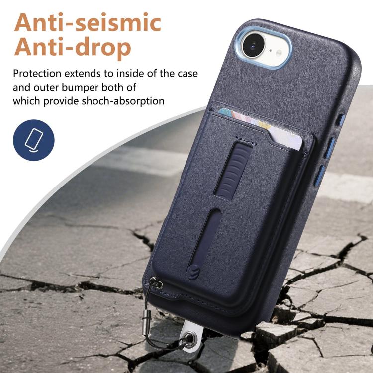 For iPhone 17e / 16e Detachable Magnetic Card Bag Phone Case with Finger Ring Grip & Anti-loss Rope