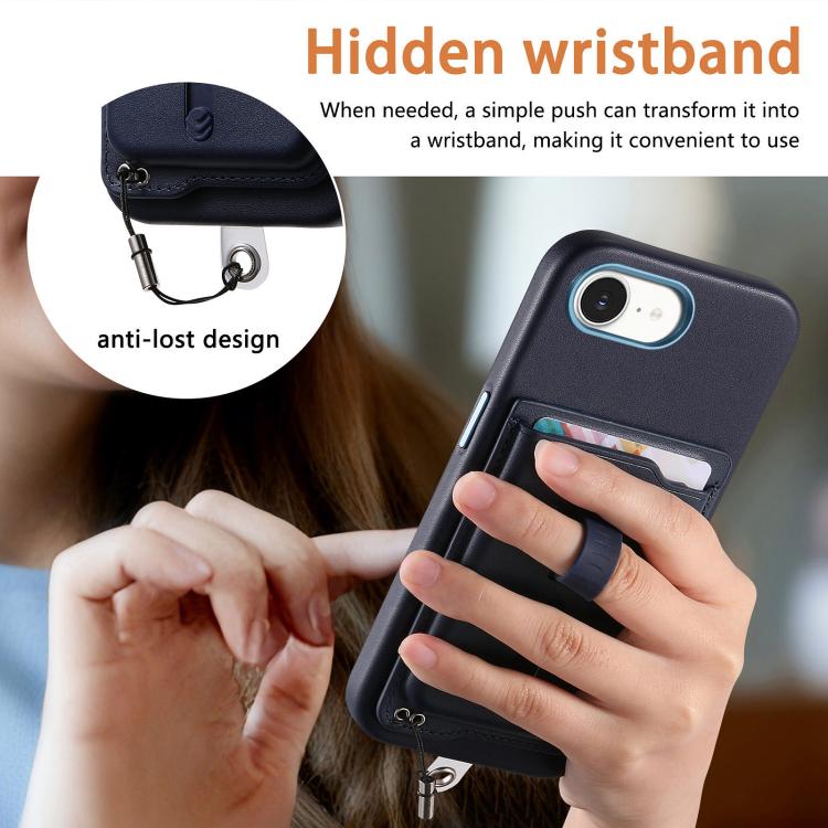 For iPhone 17e / 16e Detachable Magnetic Card Bag Phone Case with Finger Ring Grip & Anti-loss Rope