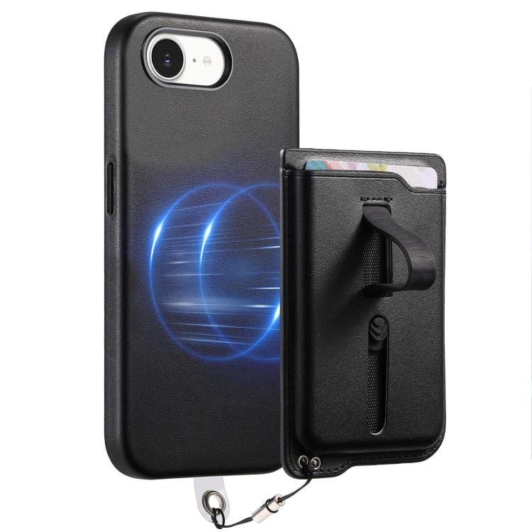 For iPhone 17e / 16e Detachable Magnetic Card Bag Phone Case with Finger Ring Grip & Anti-loss Rope