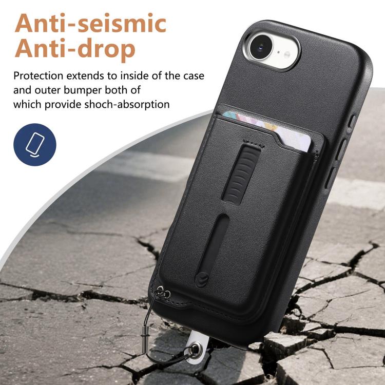 For iPhone 17e / 16e Detachable Magnetic Card Bag Phone Case with Finger Ring Grip & Anti-loss Rope