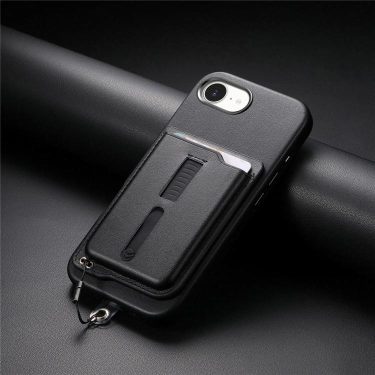 For iPhone 17e / 16e Detachable Magnetic Card Bag Phone Case with Finger Ring Grip & Anti-loss Rope
