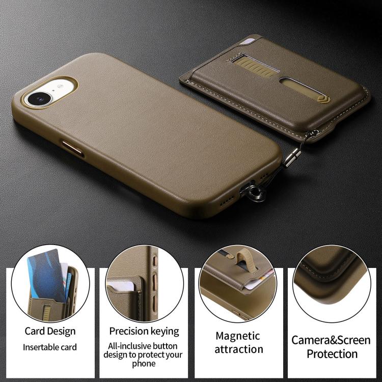 For iPhone 17e / 16e Detachable Magnetic Card Bag Phone Case with Finger Ring Grip & Anti-loss Rope