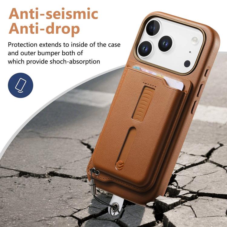 For iPhone 17 Pro Max Detachable Magnetic Card Bag Phone Case with Finger Ring Grip & Anti-loss Rope