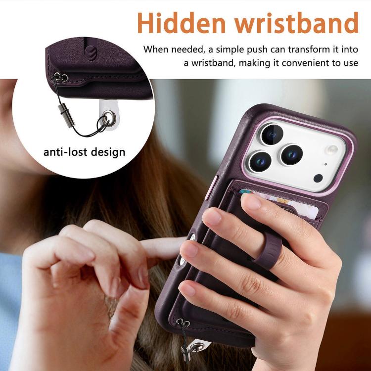 For iPhone 17 Pro Max Detachable Magnetic Card Bag Phone Case with Finger Ring Grip & Anti-loss Rope