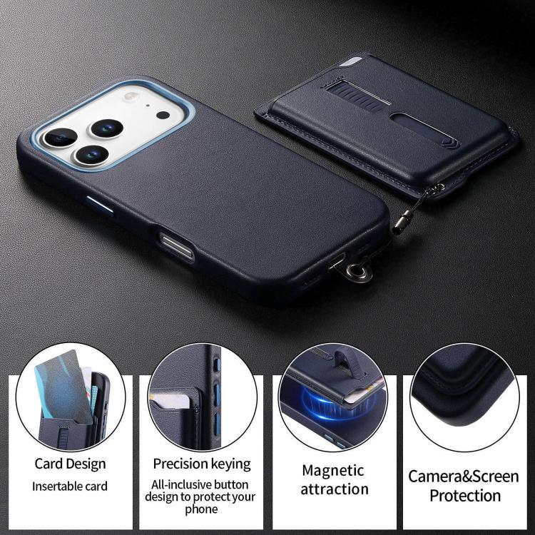 For iPhone 17 Pro Max Detachable Magnetic Card Bag Phone Case with Finger Ring Grip & Anti-loss Rope
