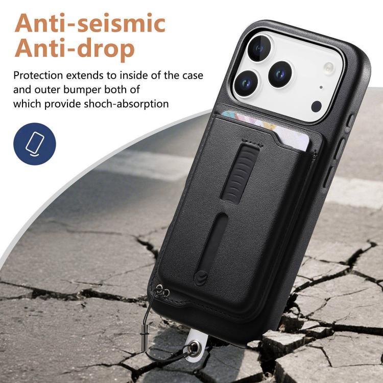 For iPhone 17 Pro Max Detachable Magnetic Card Bag Phone Case with Finger Ring Grip & Anti-loss Rope
