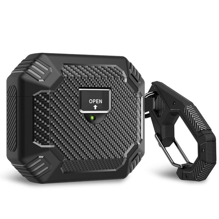 For AirPods Pro 2 Carbon Fibre Magnetic Snap-On TPU Earphone Protective Cover with Carabiner