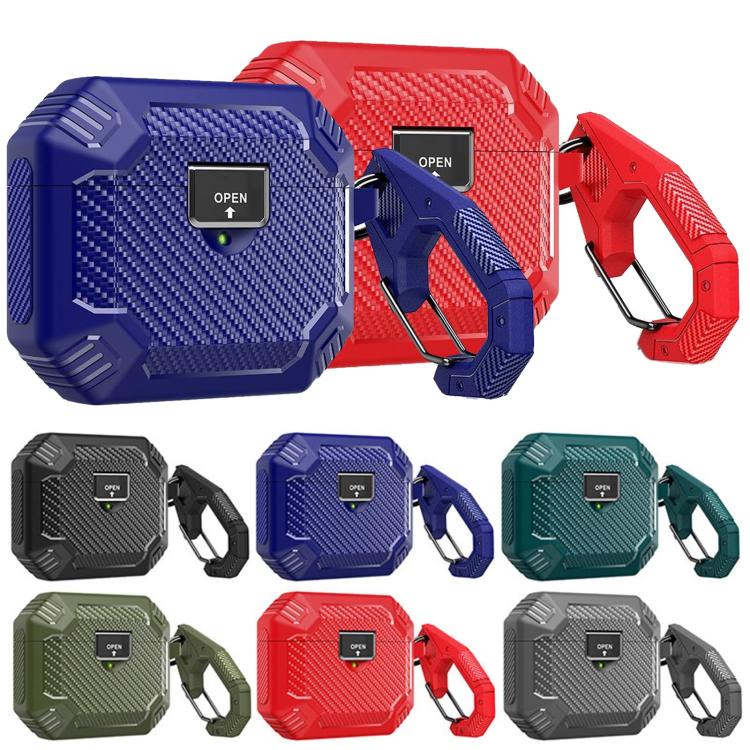For AirPods Pro 2 Carbon Fibre Magnetic Snap-On TPU Earphone Protective Cover with Carabiner